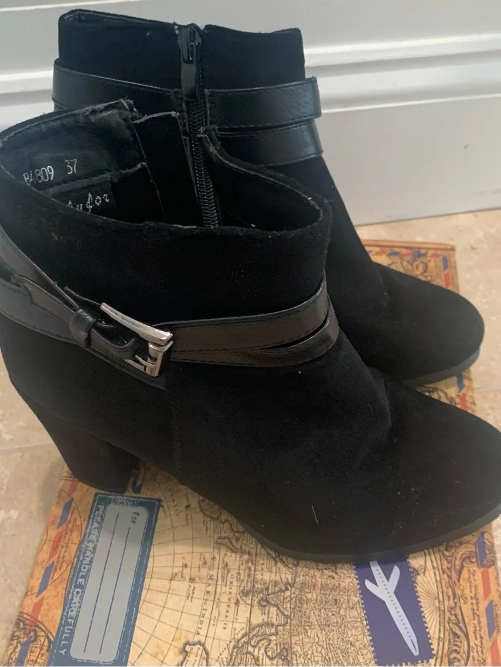 Women’s Black Suede Ankle Boots with Buckle